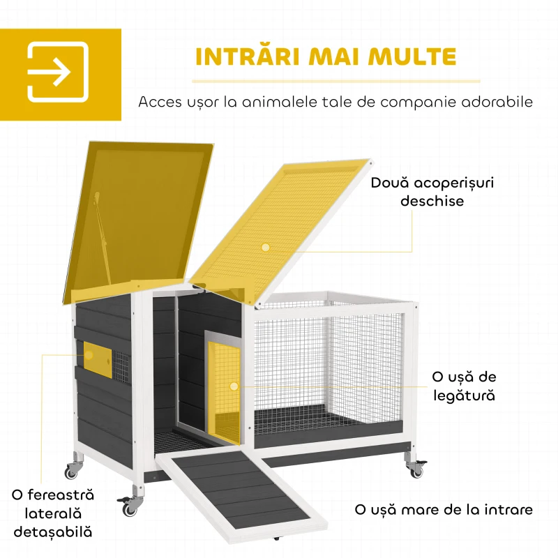 PawHut Cușcă din Lemn cu Acoperiș cu Deschidere, Tavă Glisantă și Roți, 91x51x66 cm, Gri Închis
