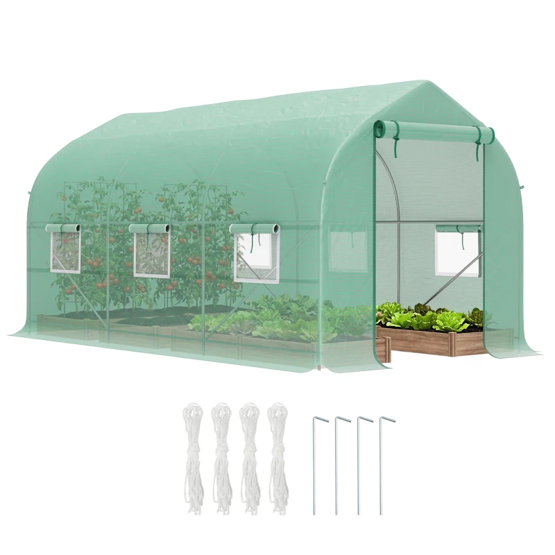 Outsunny Serra a Tunnel Anti-UV con 6 Finestre a Rete e Ingresso Arrotolabile, in Metallo e PE, 4x2x2 m, Verde