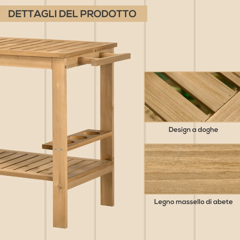 Outsunny Carrello Portavivande da Giardino in Legno con 2 Ripiani e Portabottiglie, 95x47x74 cm, Color Legno