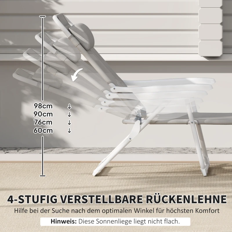 Outsunny Sonnenliege klappbar Gartenliege mit Kopfkissen, Liegestuhl mit 4-Fach verstellbare Rückenlehne bis 120 kg Hellgrau