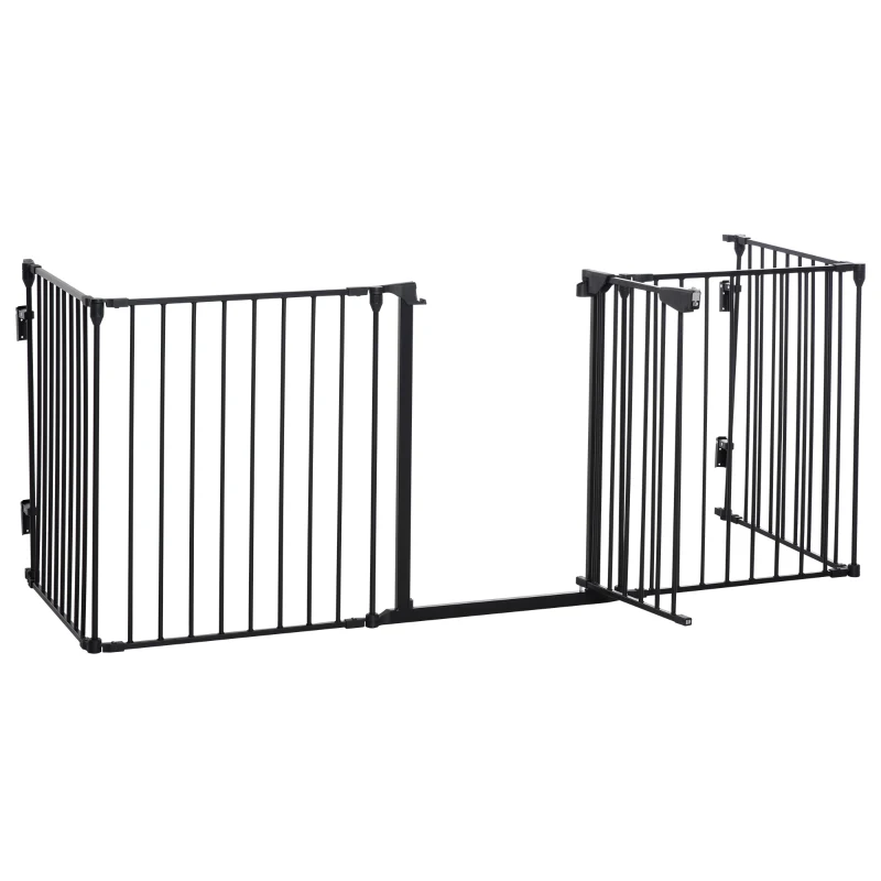 PawHut Pet Safety Gate 5-Panel Playpen Fireplace Christmas Tree Metal Fence Stair Barrier Room Divider with Walk Through Door Black