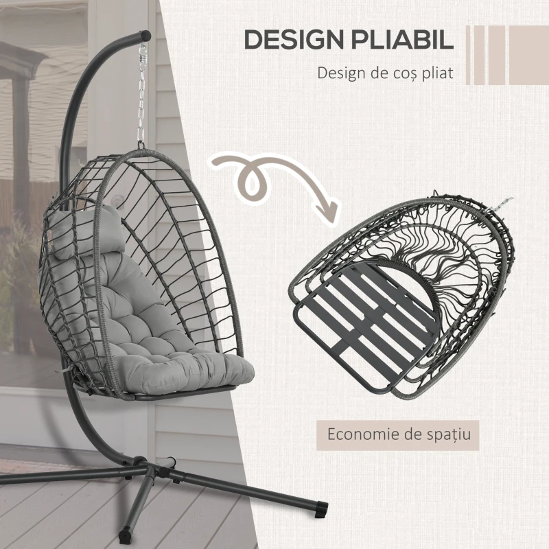 Outsunny Fotoliu Suspendat din Ratan PE cu Pernă, Șezut Pliabil și Cadru din Oțel, Gri
