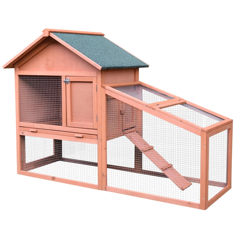 PawHut 2 Tier Rabbit Hutch Outdoor, Guinea Pig Hutch, Solid Wood Bunny House, Water Resistant Asphalt Roof Ramp Sliding tray 144 x 64.5 x 100 cm
