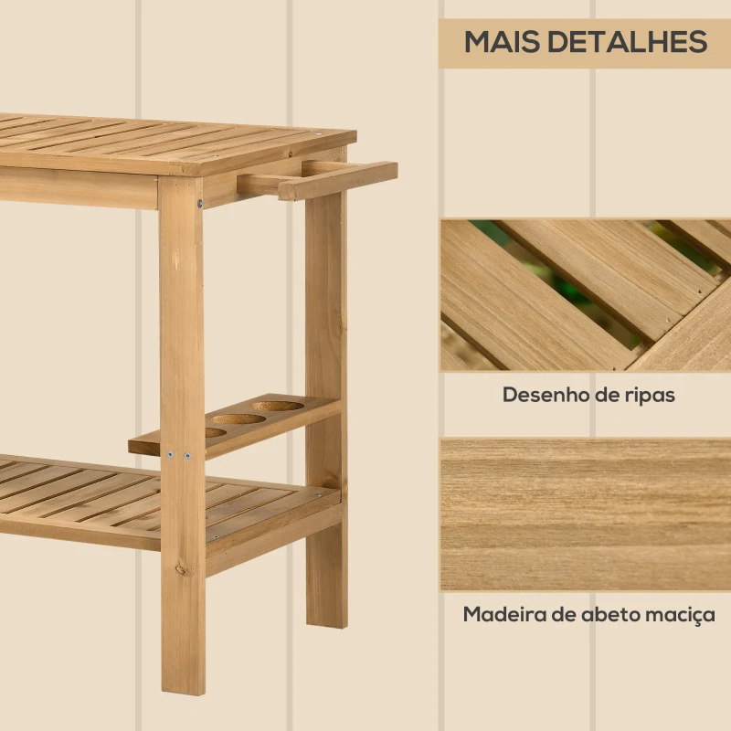 Outsunny Carrinho de Madeira Exterior com 2 Níveis Alça Lateral 3 Suportes para Garrafas e 2 Rodas 95x47x74 cm Madeira