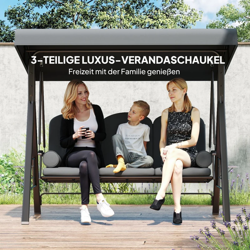 Outsunny Hollywoodschaukel 3-Sitzer Gartenschaukel mit Sonnendach Tablett Sitzauflage  bis 360kg Dunkelgrau