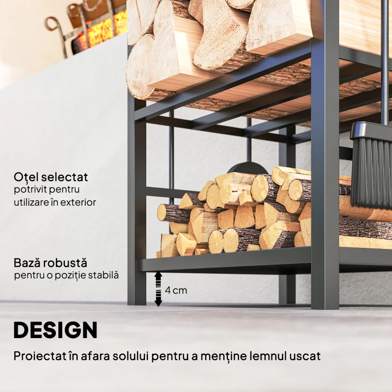 Outsunny Caseta pentru Lemne cu Set Unelte pentru Semineu in Otel Negru 40 x 30 x 74.5 cm