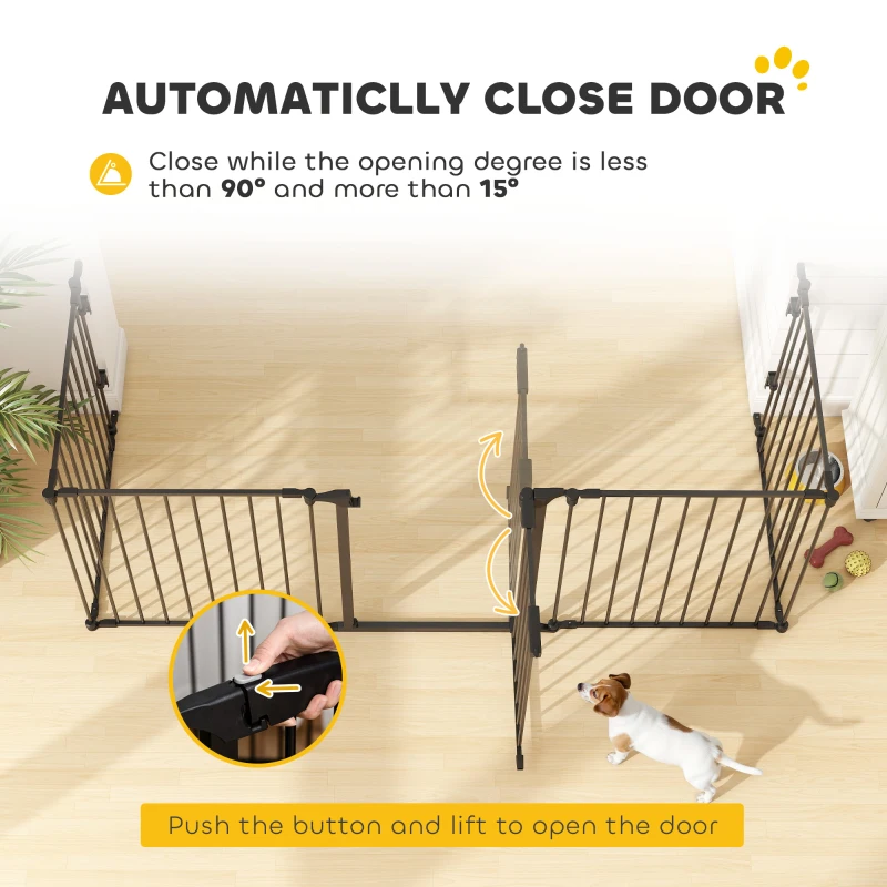 PawHut Pet Safety Gate 5-Panel Playpen Fireplace Christmas Tree Metal Fence Stair Barrier Room Divider with Walk Through Door Black
