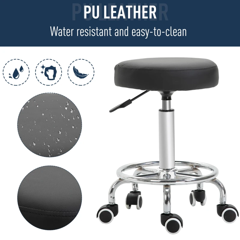 Vinsetto Swivel Round PU Leather Salon Stool Adjustable Rolling Stool with Footrest Steel Frame for Barber Hairdresser Spa Seat Black