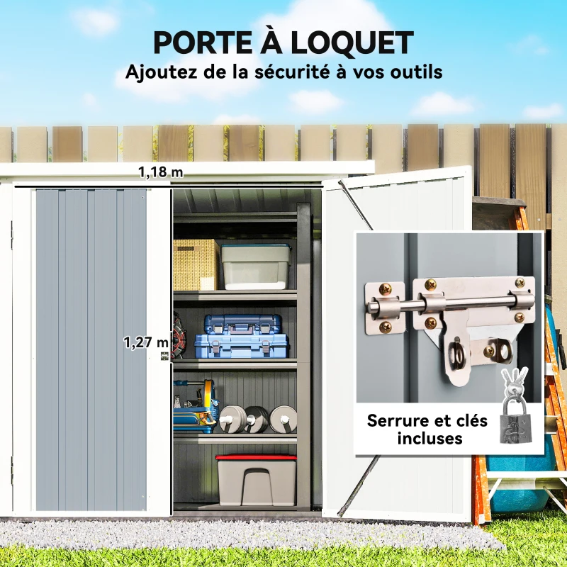 Outsunny Abri de Jardin cabane de jardin 1,09 m² 2 Portes verrouillables 147 x 86 x 134 cm tôle d'acier Gris clair Blanc