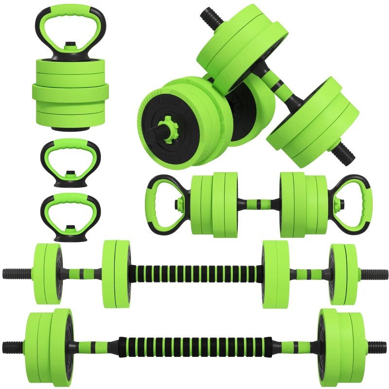 SPORTNOW 20kg Four-In-One Adjustable Weight Dumbbells Set, Barbell, Kettlebell, Push Up Stand - Green