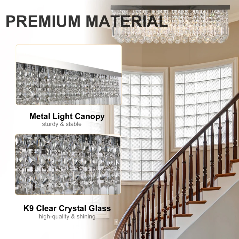 HOMCOM Modern Crystal Ceiling Light Square Crystal Chandelier, E14 Base, 80 x 25 x 23cm, for Living Room, Dining Room, Hall, Silver