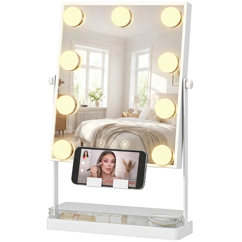 HOMCOM Hollywood Espejo de Maquillaje con Luz 9 Bombillas LED 3 Colores Interruptor Táctil Soporte para Teléfono Blanco
