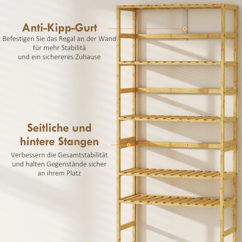 HOMCOM 6-Ebenen-Regal aus Bambusholz, verstellbare Regalböden, freistehendes Aufbewahrungsregal, Naturholz