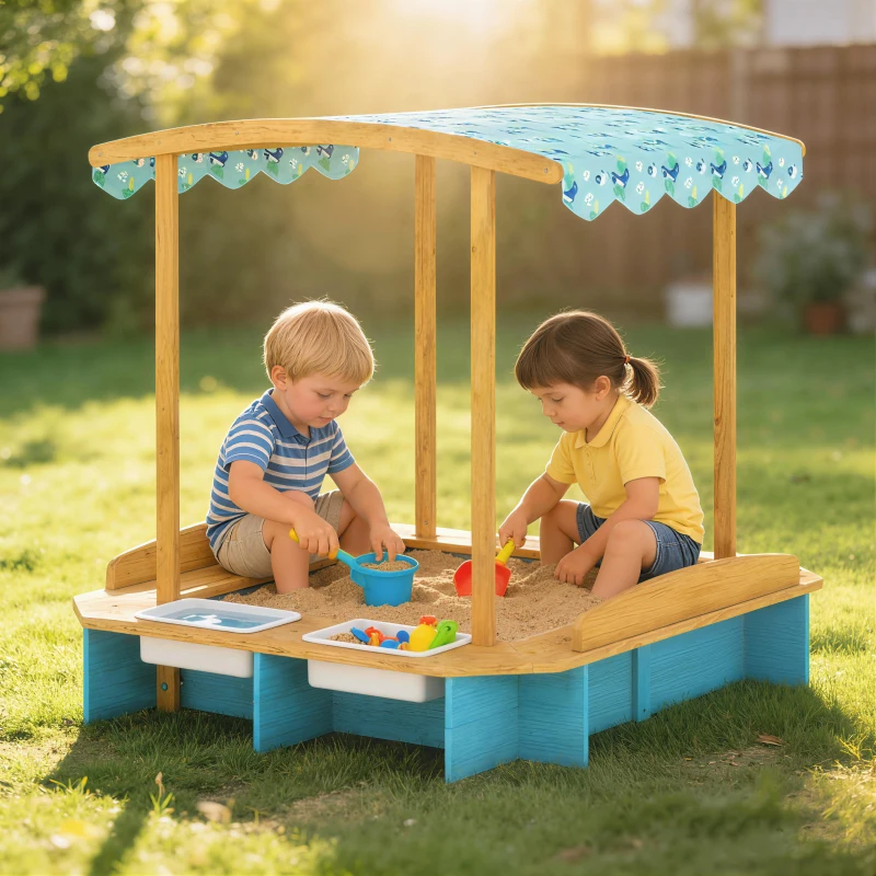 AIYAPLAY Bac à sable en bois avec toit 3 bancs 2 coffres en PP doublure pour enfants de 3-6 ans 128x118x121 cm Bleu
