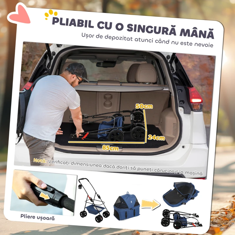 PawHut Cărucior pentru Animale de Companie 3 în 1 cu 4 Roți și Geantă de Transport Detașabilă, 76x50x102 cm, Albastru