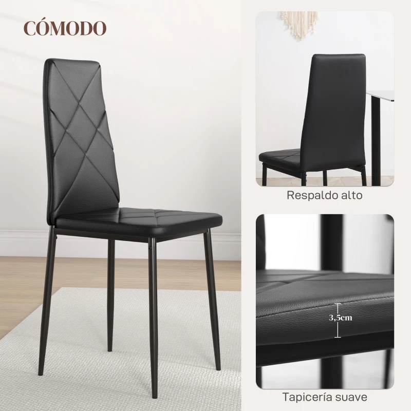 HOMCOM Set de 6 Sillas de Comedor Tapizadas de Cuero Sintético con Respaldo Alto y Patas de Acero 41x50x97 cm Negro