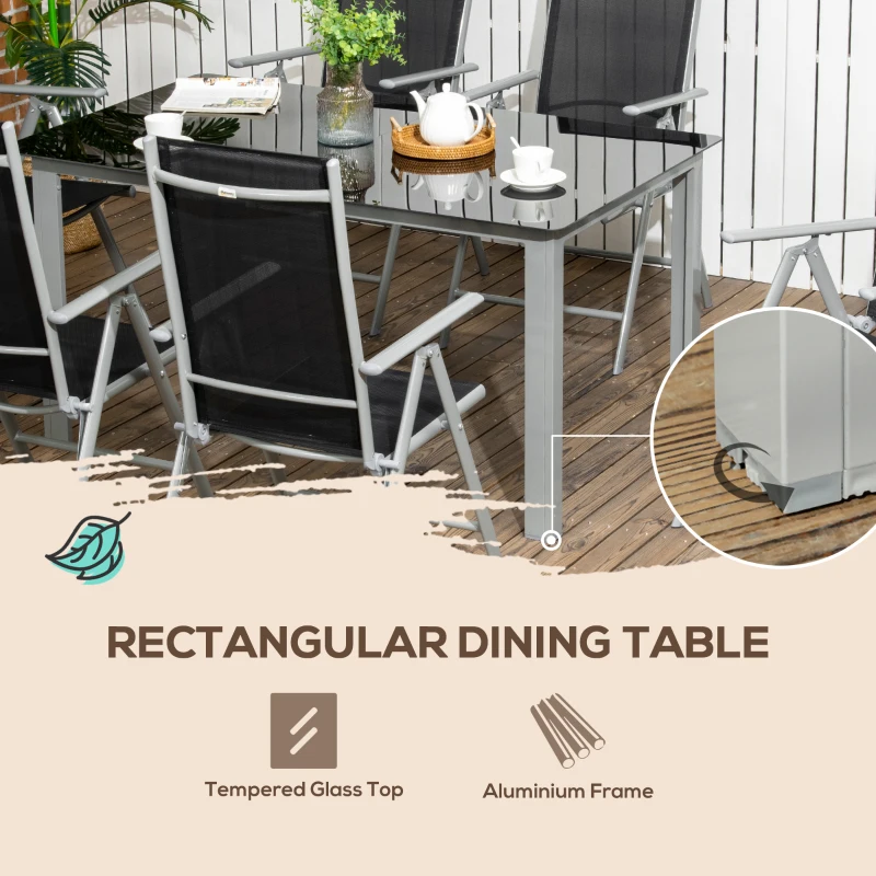 Outsunny 7 Piece Garden Dining Set - Outdoor Table and 6 Folding and Reclining Chairs with Aluminium Frame, Tempered Glass Top Table, Texteline Seats, Black