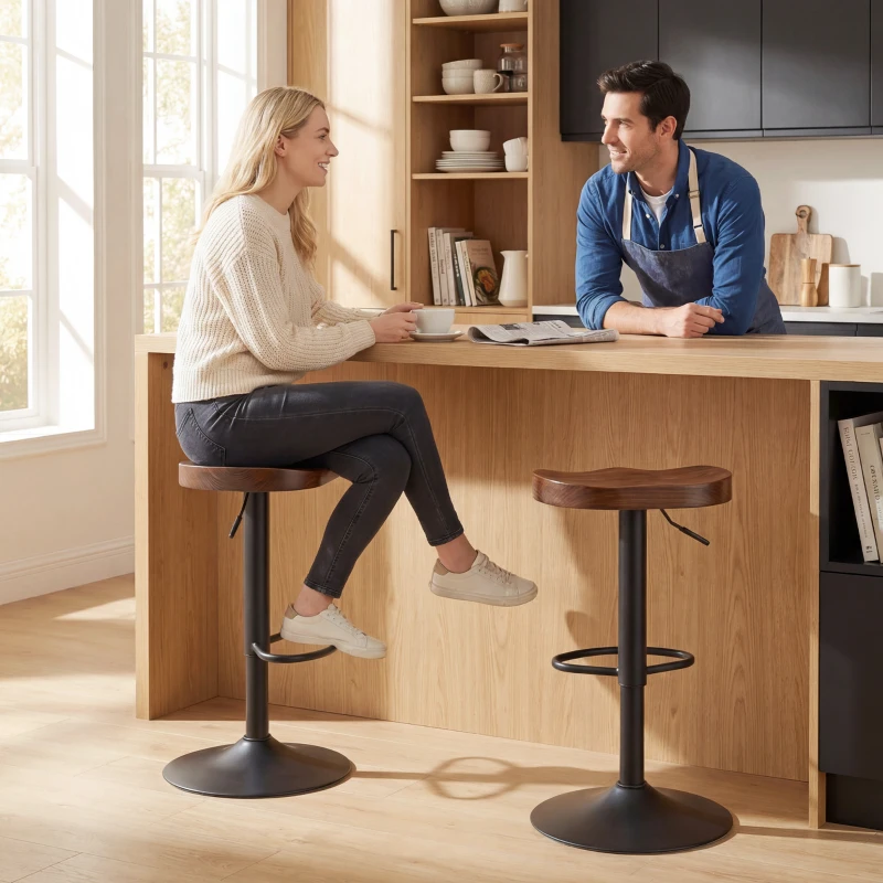 HOMCOM Barhocker Set aus 2, Höhenverstellbare Drehstühle mit Sattelsitz aus Ulmenholz in Dunkelbraun