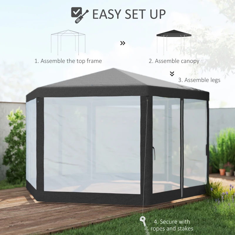 Outsunny 4m Hexagon Gazebo Party Tent, Screen House Patio Canopy Event Shelter for Activities, Shade Resistant, Dark Grey