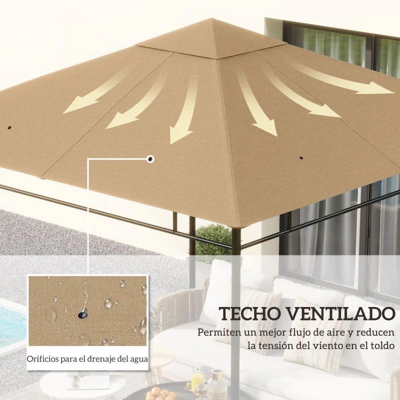 Outsunny Techo de Repuesto para Cenador, 3x3 m, Cubierta de Repuesto con 8 Orificios de Drenaje, Ventilación y Protección UV, SOLO Toldo de Recambio para Pabellón Gazebo, Beige