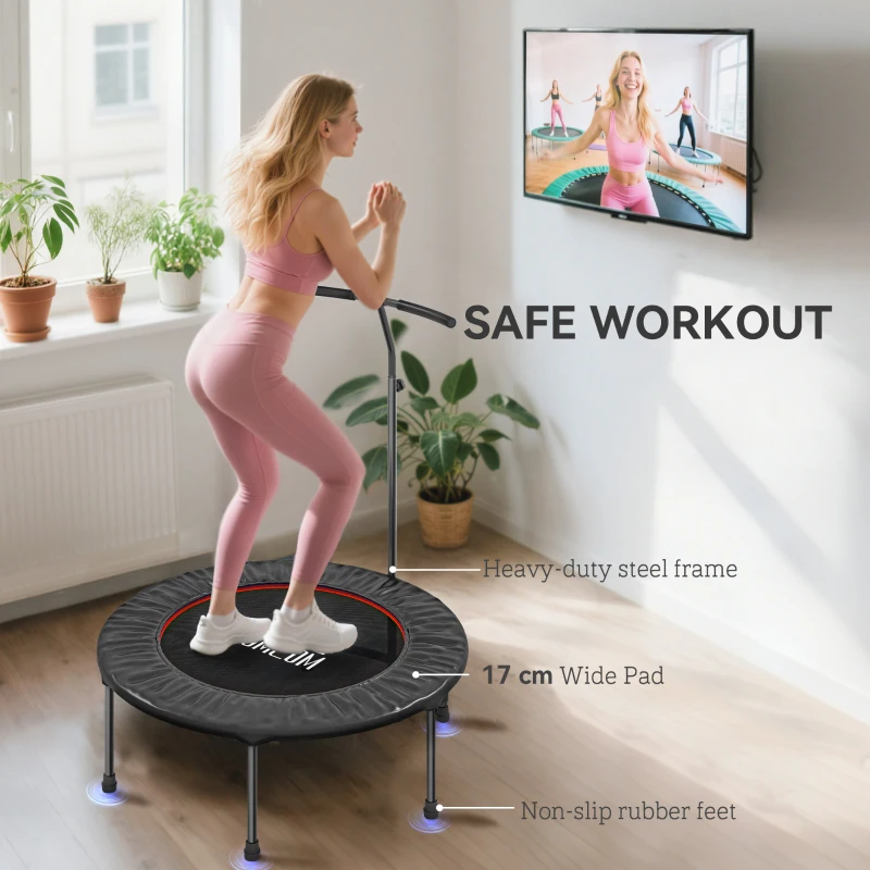 HOMCOM 40'' Fitness Trampoline with Adjustable Handle, Rebounder Trampoline Mini Jumper for Indoor Exercise Workout, Support Up to 100kg, Black