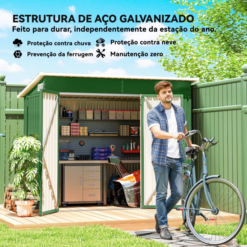 Outsunny Abrigo de Jardim Exterior 2,7 m² 234x132x185 cm com Três Portas Fechadura e Grelhas de Ventilação Verde
