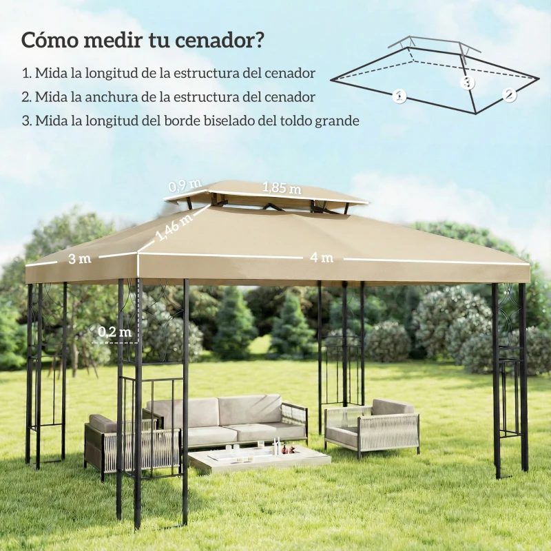Outsunny Toldo de Recambio 4x3 m con Techo Doble Orificios de Drenaje y Protección UV Solo Toldo NO Incluye Marco Blanco Crema