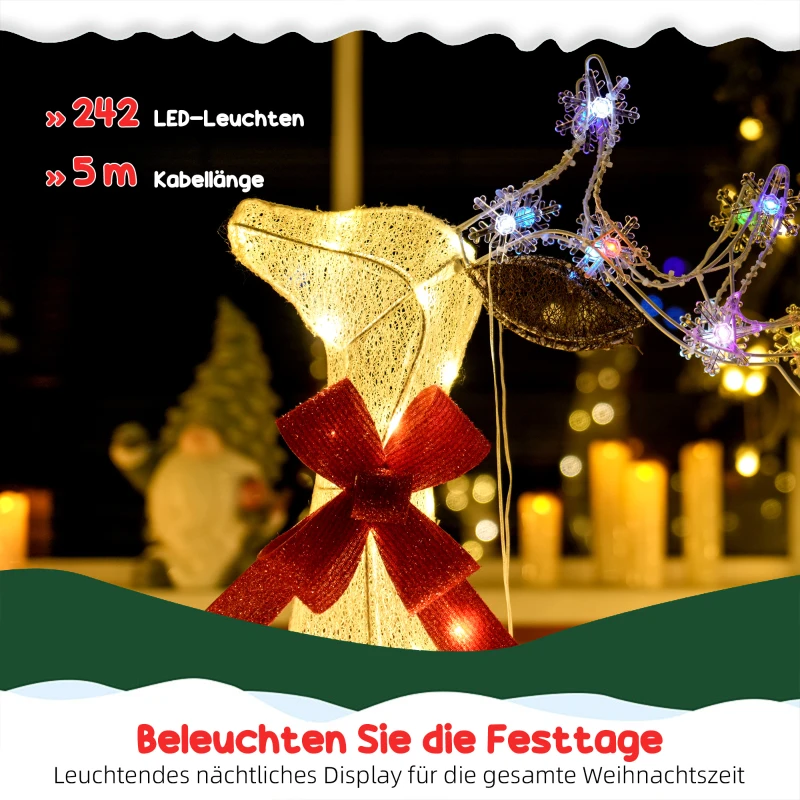 Outsunny 3-teilige Weihnachts-Dekoration, Rentier-Familie mit LED-Beleuchtung, rote Schleife, Stahl, Polyester, wasserfest