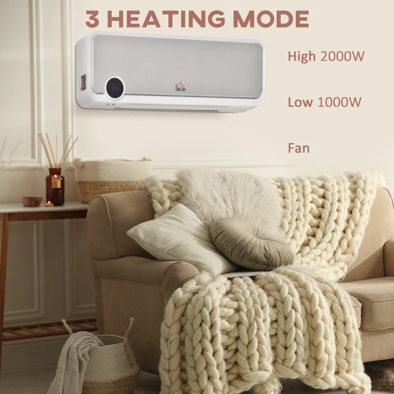 HOMCOM Wall Downflow Heater 2 Heat and Fan 1000W/2000W, Electric Space Heater with Timer Remote Oscillating, for Bedroom Home Office, White and Silver