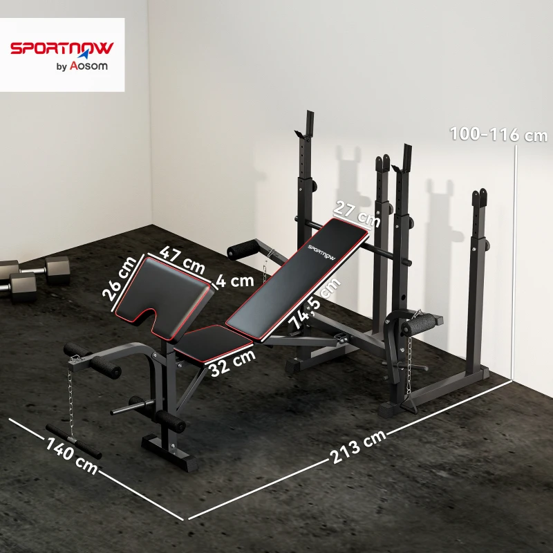 SPORTNOW Banco de Musculação Dobrável Banco Multifunções com Suportes para Barras e Encosto Ajustável para Treino Completo de Corpo Preto