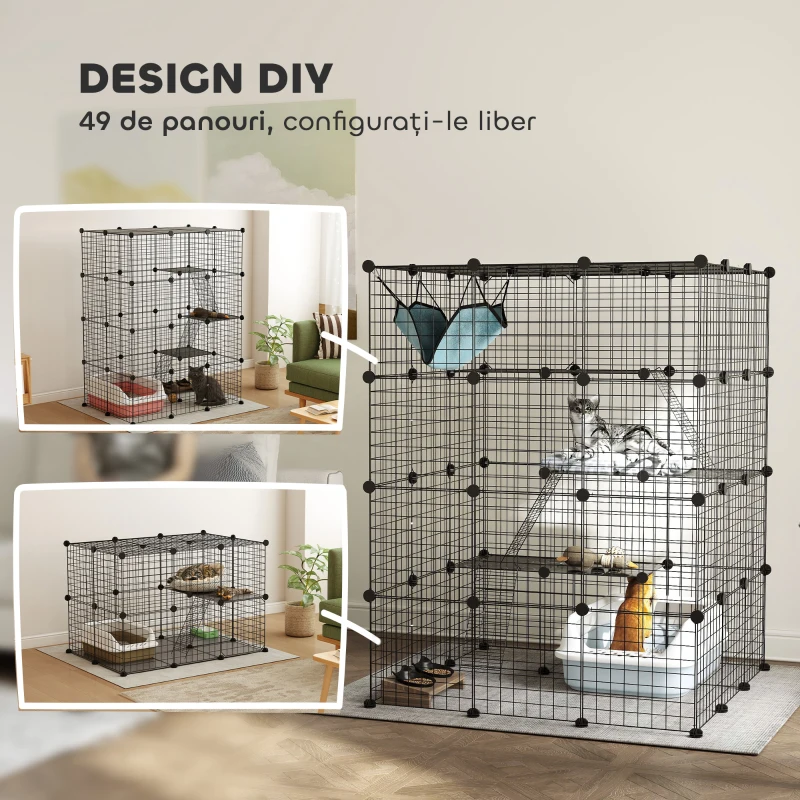 PawHut Cușcă Modulară pentru Pisici cu 4 Niveluri, cu Platforme, Rampe și 5 Uși, din Oțel și PP, 105x105x140 cm, Negru