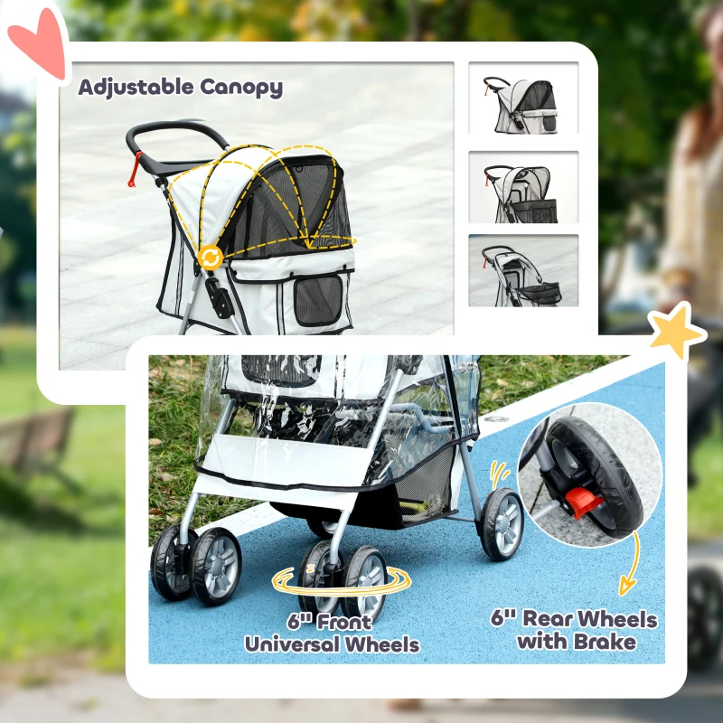 PawHut Pet Stroller for Small Miniature Dogs, Cats, Foldable Travel Carriage with Wheels Zipper Entry, Cup Holder, Storage Basket - Grey