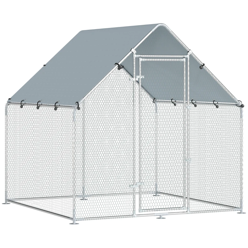 PawHut Enclos poulailler extérieur 4 m², parc grillagé - acier galvanisé Ø19mm - bâche Oxford 420D anti-UV 200x200x200cm argent