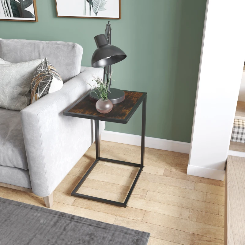 HOMCOM C-Shaped Side Table, Bedside Table with Metal Frame, Accent Sofa Couch Table for Living room, Bedroom, Brown and Black