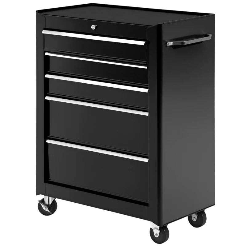 HOMCOM 5-Drawer Tool Chest, Lockable Steel Tool Storage Cabinet with Wheels and Handle Tool Box for Garage, Workshop, Black