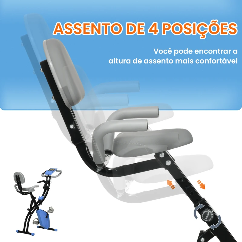 HOMCOM Bicicleta Estática Dobrável com Encosto 8 Níveis de Resistência Ecrã LCD Pulsómetro e Assento Ajustável 105x48x118 cm Azul