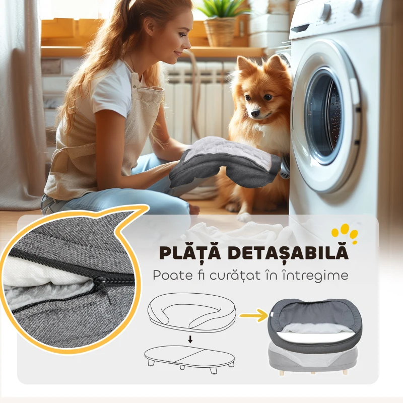 PawHut Canapea pentru câini cu tapițerie, pat pentru câini de talie mare și medie până la 25kg, 90x78x25cm, gri