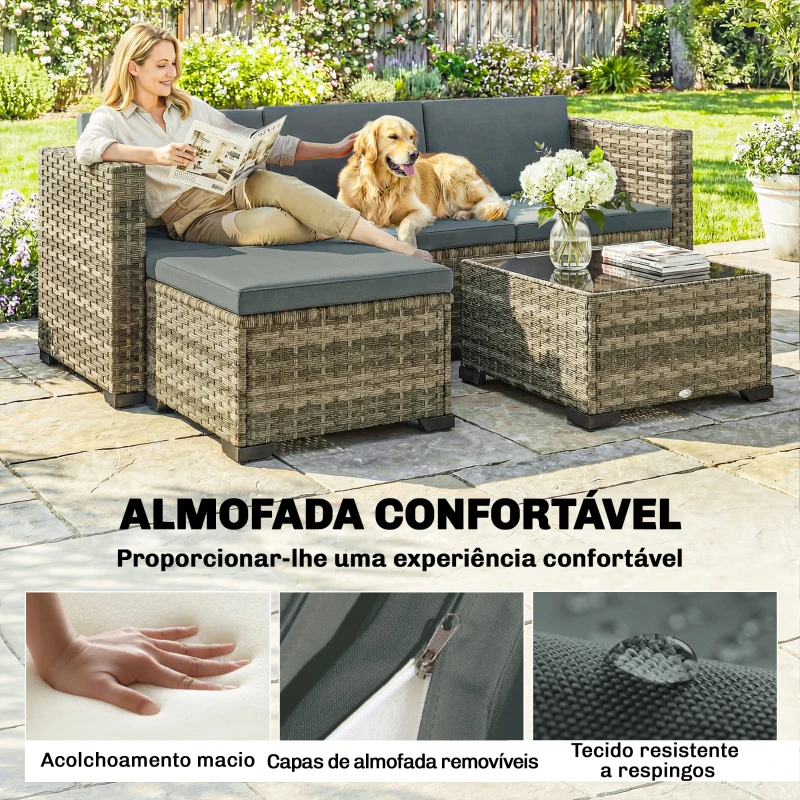 Outsunny Conjunto de Jardim em Vime de 5 Peças Inclui Almofadas 2 Poltronas de Canto Poltrona sem Braços Apoia-Pés e Mesa de Centro Cinza Escuro