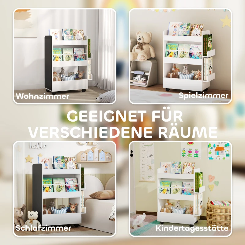 AIYAPLAY Kinder Bücherregal mit 4 Regalen, Bodenfach, 2 Seitenteile, Tafel, Rollen, für 3–8 Jahre, 66,5x32,5x86,5 cm Weiß