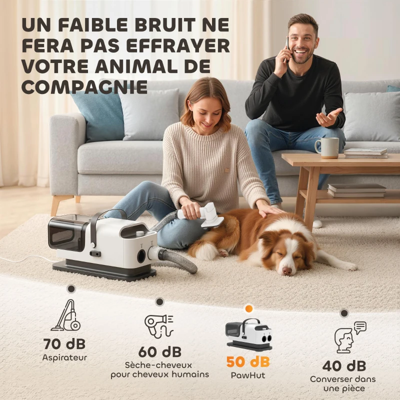 PawHut Aspirateur poil de chien et séchoir 5-en-1 kit toilettage chien professionnel 12kPa  50dB 37,6x17,5x18,5cm blanc