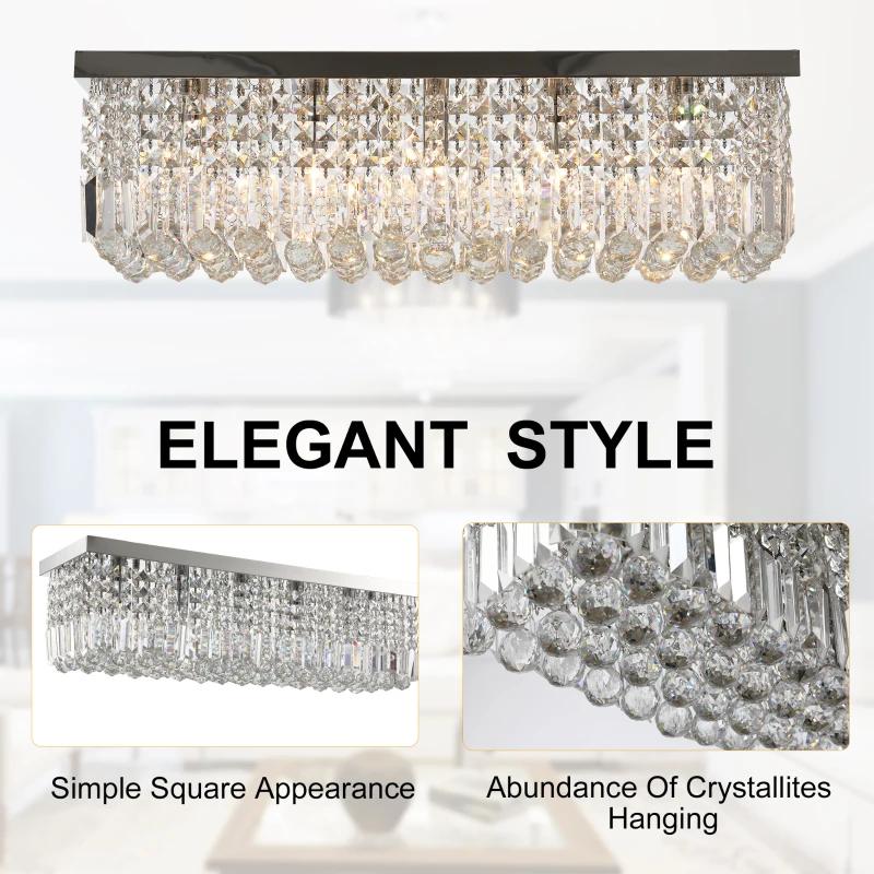 HOMCOM Modern Crystal Ceiling Light Square Crystal Chandelier, E14 Base, 80 x 25 x 23cm, for Living Room, Dining Room, Hall, Silver