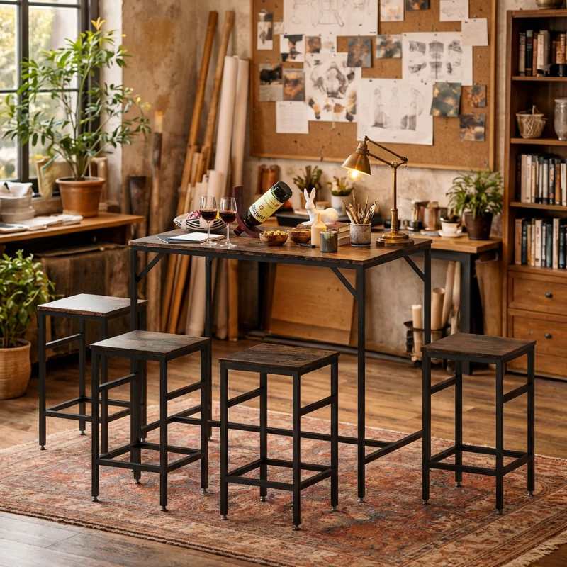 HOMCOM Set 5 Pezzi Tavolo Alto Sgabelli Stile Industriale, in Metallo e Legno, per Soggiorno e Cucina, Marrone Rustico