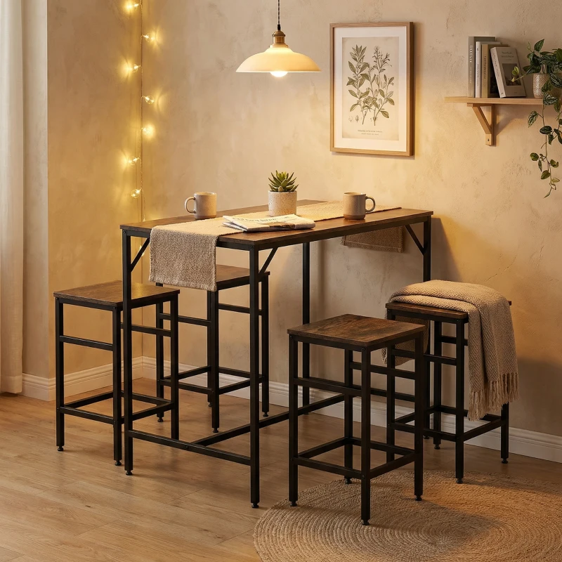 HOMCOM Set 5 Pezzi Tavolo Alto Sgabelli Stile Industriale, in Metallo e Legno, per Soggiorno e Cucina, Marrone Rustico