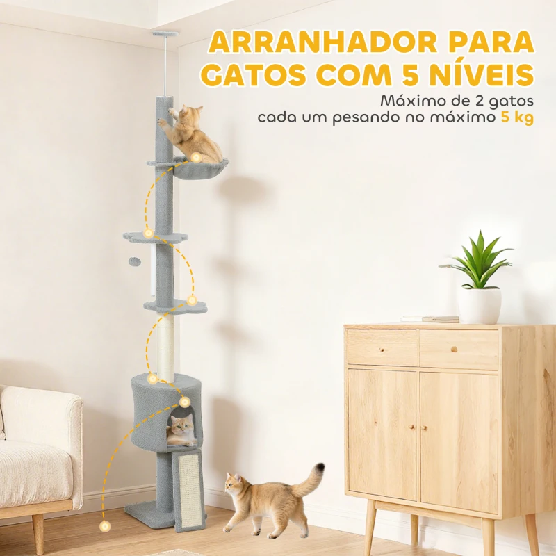 PawHut Arranhador para Gatos de Chão a Teto com Altura Ajustável de 220-240 cm Rede Plataformas em Flor Cavernas Rampa e Bola Cinza