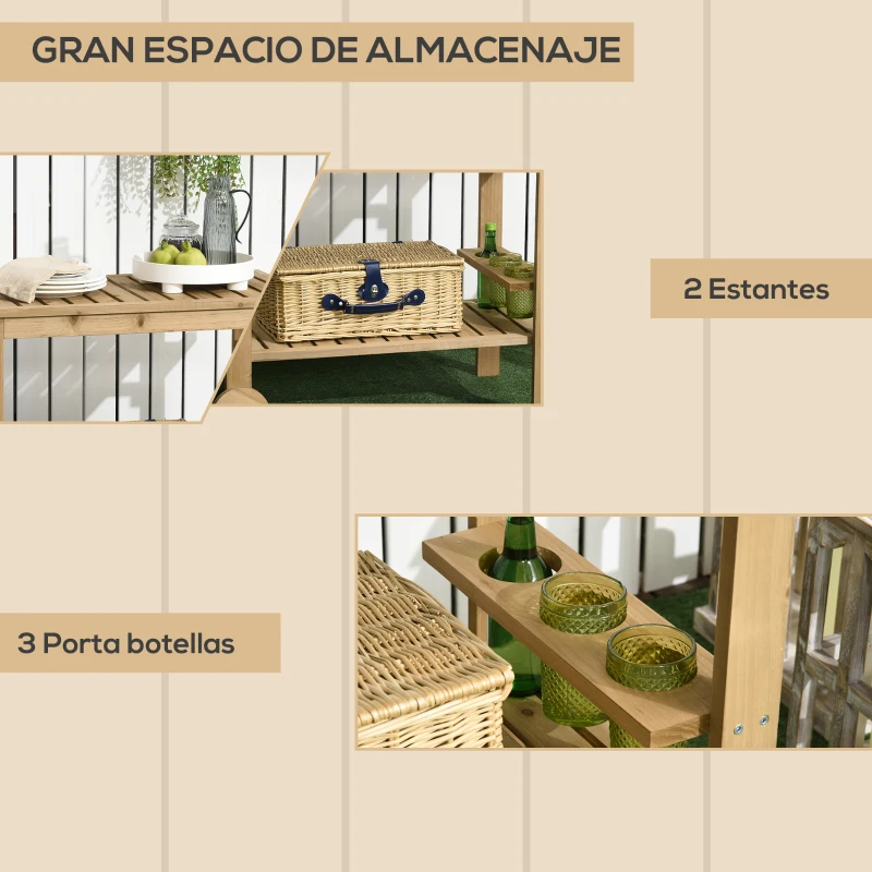 Outsunny Carrito de Madera para Exterior Carro de Servicio con Asa Lateral y 3 Porta botellas 95x47x74 cm Natural