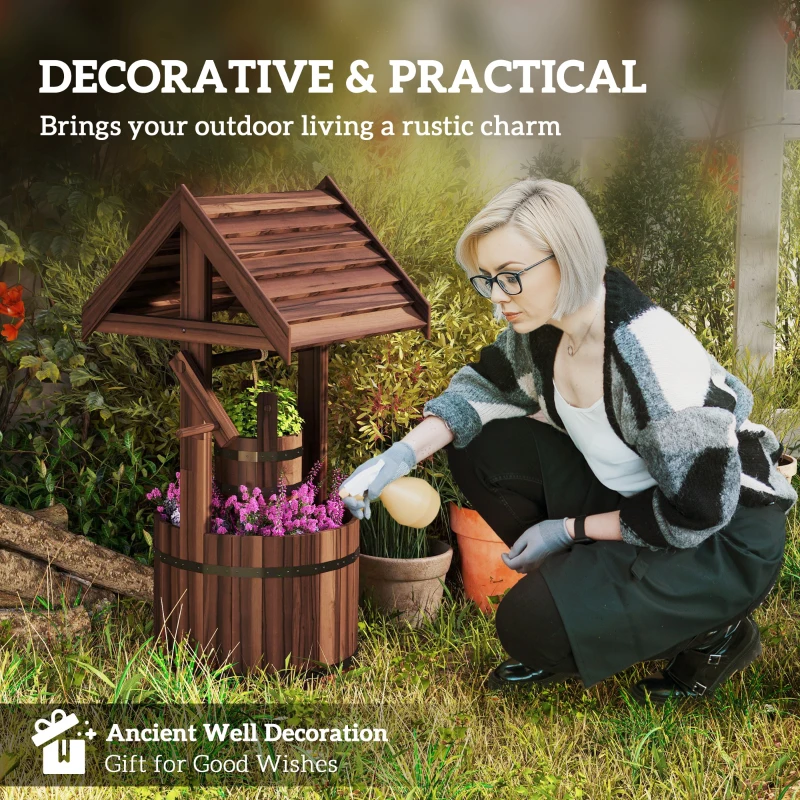 Outsunny Wood Wishing Well for Outside with Hanging Bucket, Wishing Well Planter with Drain Hole for Garden Patio, Carbonized