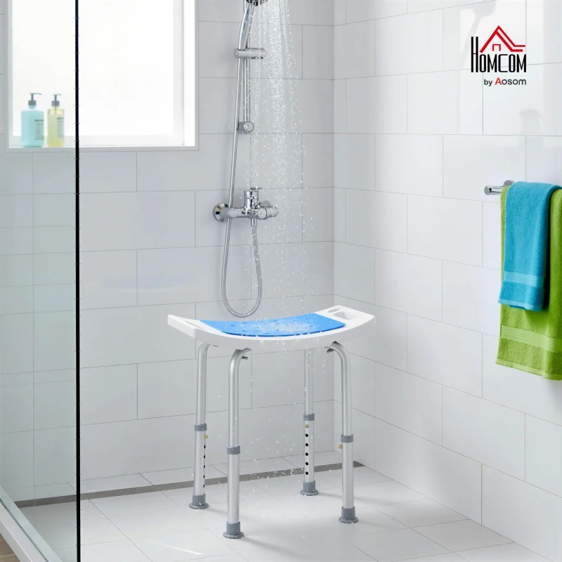 HOMCOM Height Adjustable Bathroom Stool, Shower Chair with Padded Seat and Non-Slip Foot Pads, Blue