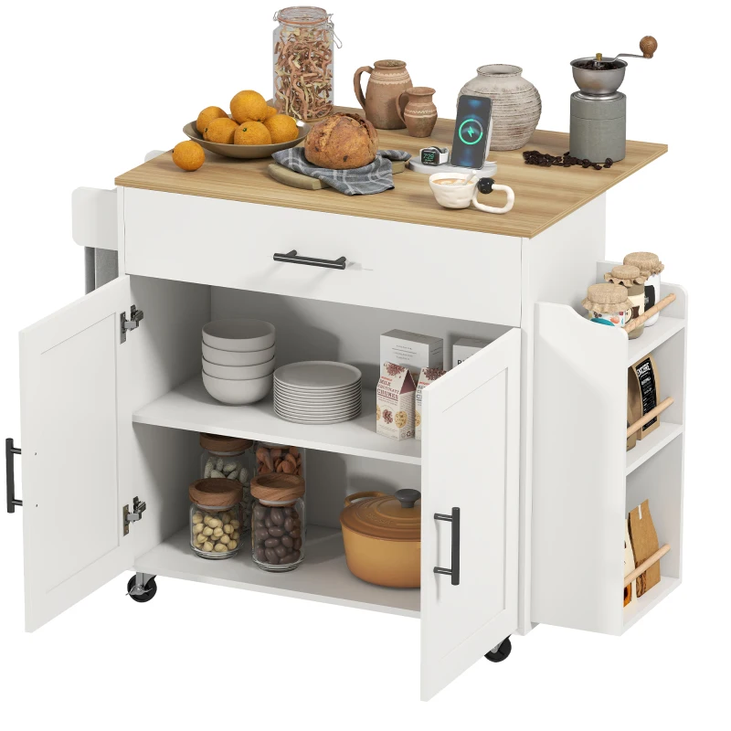 HOMCOM Kücheninsel, Küchenwagen auf Rollen, mit abklappbarer Arbeitsplatte, Schublade, Ablage, 120 x 68 x 85 cm, Weiß
