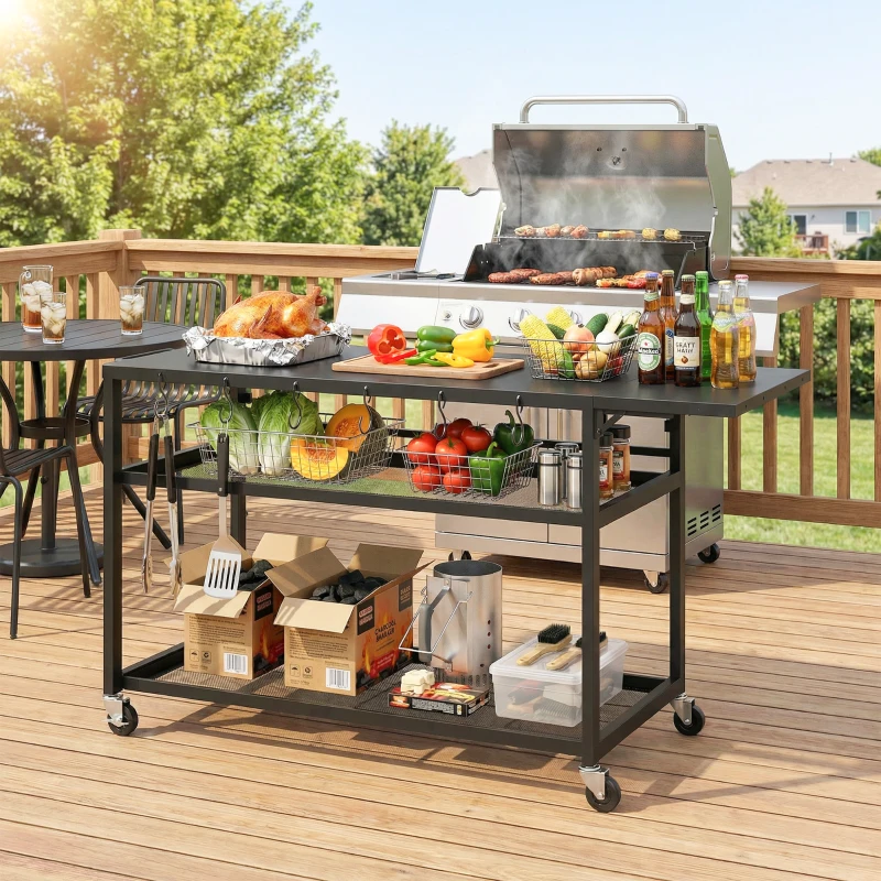 Outsunny Desserte jardin chariot de barbecue sur roulettes avec Plateau Latéral Pliable, Trois Étagères, 133 x 48,5 x 82 cm, Noir
