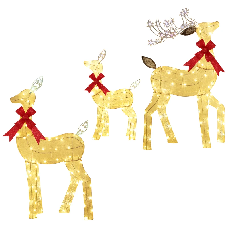 Outsunny 3-teilige Weihnachts-Dekoration, Rentier-Familie mit LED-Beleuchtung, rote Schleife, Stahl, Polyester, wasserfest